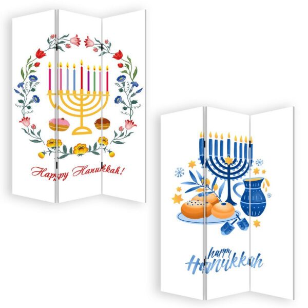 72 Inch 3 Panel Canvas Foldable Room Divider, Hanukkah Symbol, Multicolor