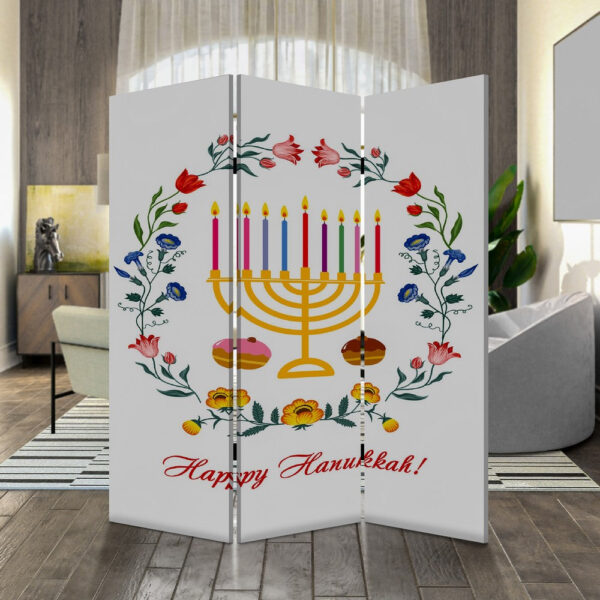 72 Inch 3 Panel Canvas Foldable Room Divider, Hanukkah Symbol, Multicolor