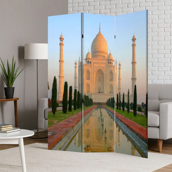 Brar 71 Inch 3 Panel Screen, Taj Mahal Reflecting Pool Print, Multicolor