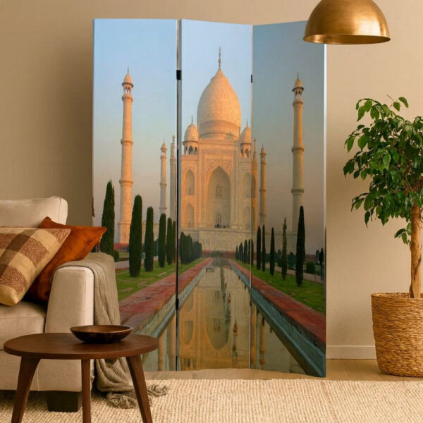 Brar 71 Inch 3 Panel Screen, Taj Mahal Reflecting Pool Print, Multicolor