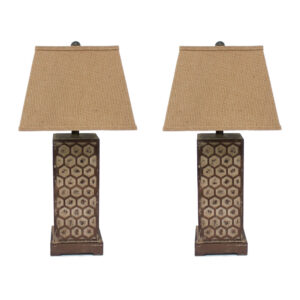 29 Inch Industrial Table Lamp, Linen Shade, Honeycombed Metal Base, Set of 2, Khaki