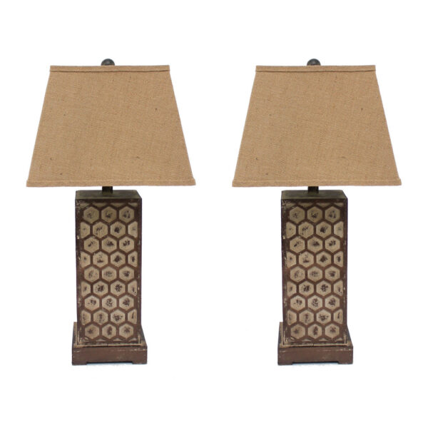 29 Inch Industrial Table Lamp, Linen Shade, Honeycombed Metal Base, Set of 2, Khaki