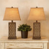 29 Inch Industrial Table Lamp, Linen Shade, Honeycombed Metal Base, Set of 2, Khaki
