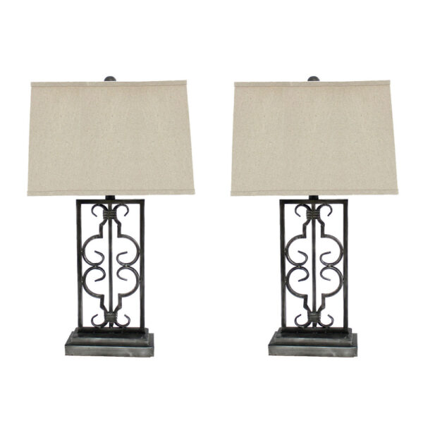29 Inch Industrial Table Lamp, Linen Shade, Set of 2, Stacked Pedestal Base, Black