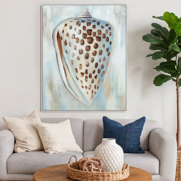 30 x 39 Hand Painted Dotted Sea Conch, Resin Coated, Warm Orange and Blue