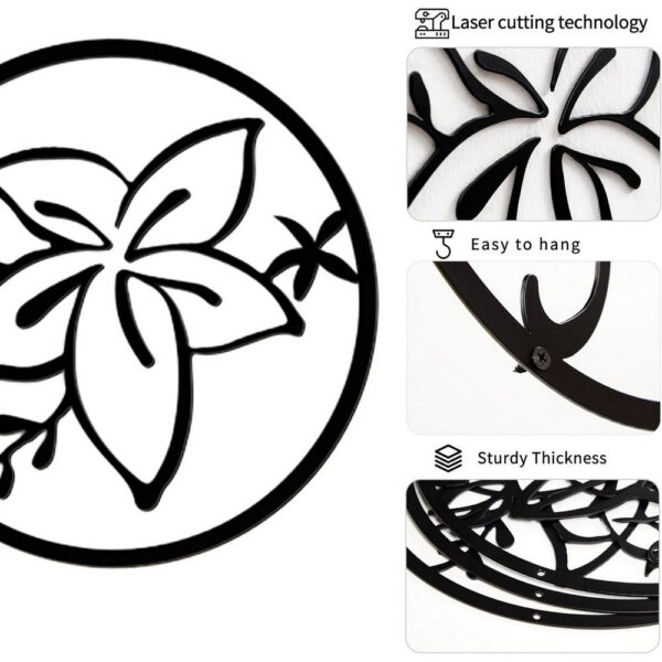 Cinq 3 Piece Set Wall Decor, Floral Hollow Out Abstract Design, Black Round Metal Frame