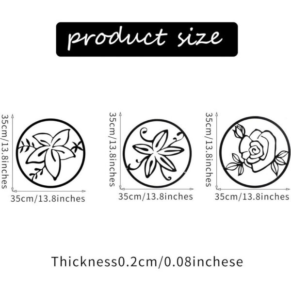Cinq 3 Piece Set Wall Decor, Floral Hollow Out Abstract Design, Black Round Metal Frame