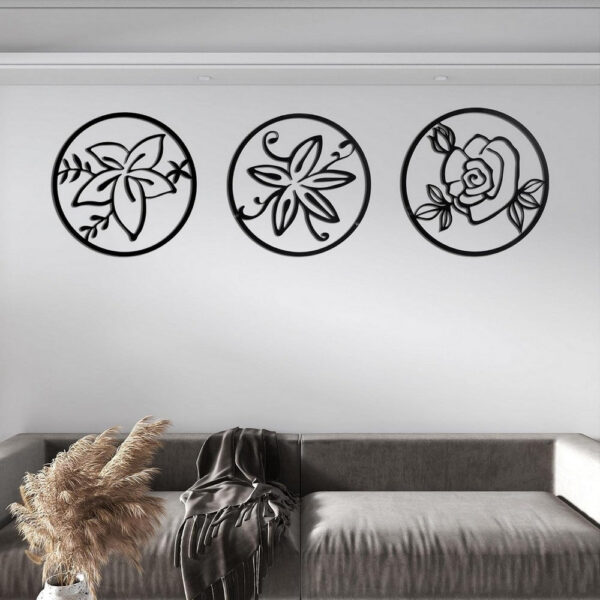 Cinq 3 Piece Set Wall Decor, Floral Hollow Out Abstract Design, Black Round Metal Frame