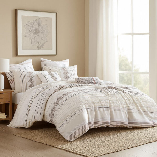 Jela 5pc King Size Comforter Set, Shams, White Clipped Jacquard Stripe