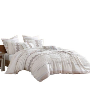 Jela 5pc Queen Comforter Set, Shams, White Clipped Jacquard Stripe