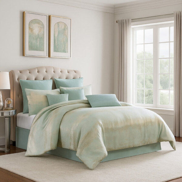 Teesa 10pc King Comforter Set, Shams, Blue and Gold Woven Jacquard