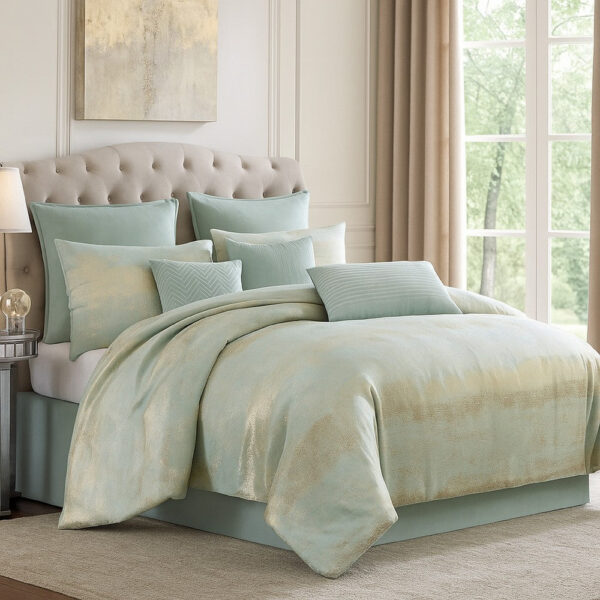 Teesa 9pc Queen Comforter Set, Shams, Blue and Gold Woven Jacquard