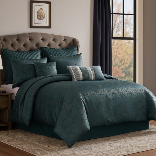 Beny 10pc King Size Comforter Set, Dark Turquoise Blue Woven Jacquard