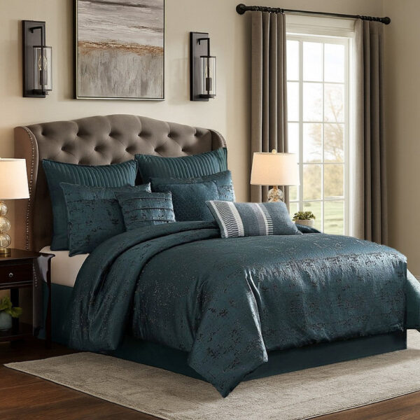 Beny 9pc King Size Comforter Set, Dark Turquoise Blue Woven Jacquard