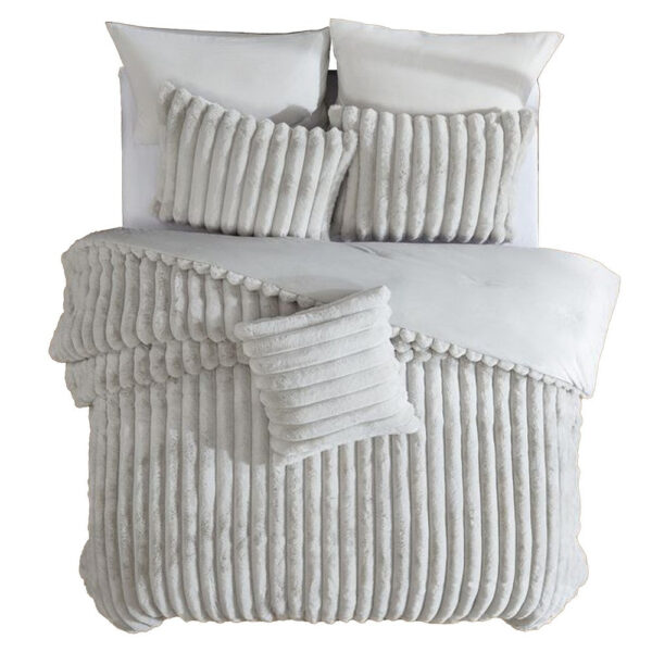 Sieno 4pc Queen Comforter Set, Gray Faux Fur and Micro Mink Backing