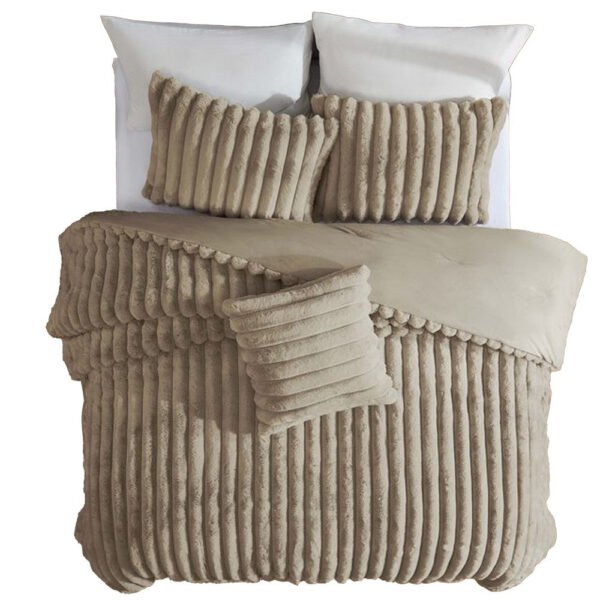 Sieno 4pc King Comforter Set, Taupe Brown Faux Fur, Micro Mink Backing