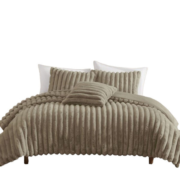Sieno 4pc Queen Comforter Set, Taupe Brown Faux Fur Micro Mink Backing