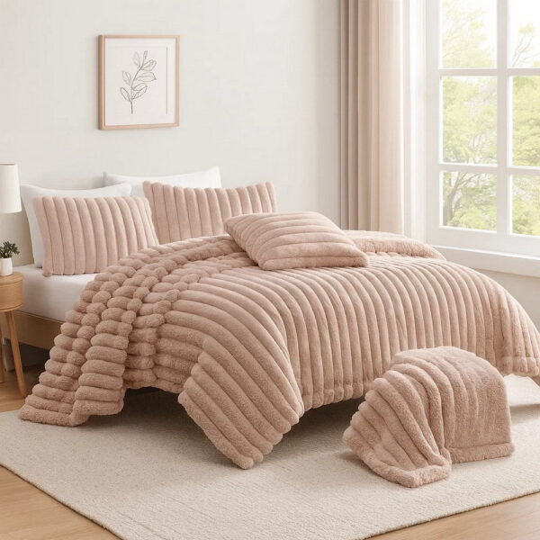 Sieno 4pc King Comforter Set, Blush Pink Faux Fur, Micro Mink Backing