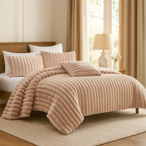Sieno 4pc Queen Comforter Set, Blush Pink Faux Fur, Micro Mink Backing