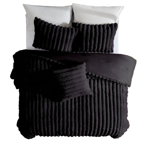 Sieno 4pc Queen Comforter Set, Shams, Black Faux Fur, Micro Mink Back