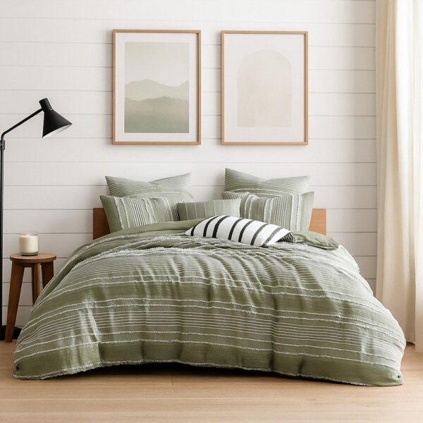 Meo 5pc Queen Size Comforter Set, Green Textured Woven Jacquard Stripe