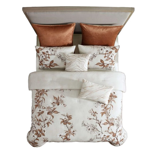 Jenya 5pc Queen Size Comforter Set with Shams, Floral Print White