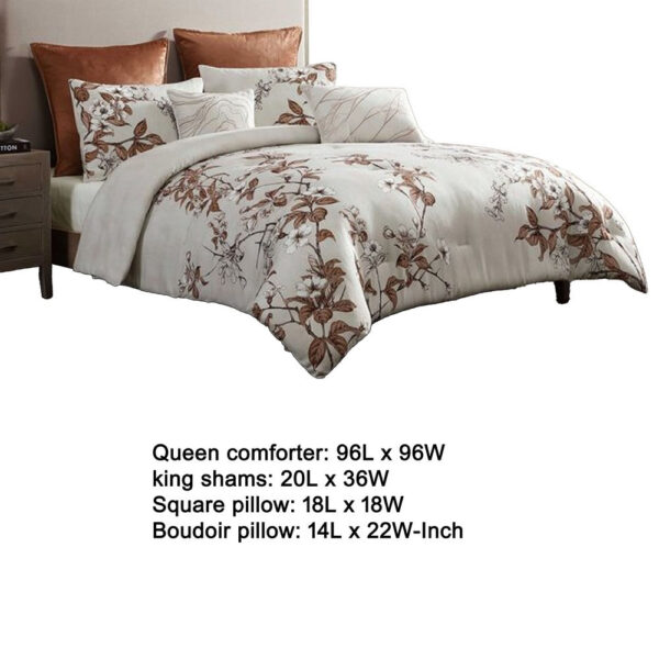 Jenya 5pc Queen Size Comforter Set with Shams, Floral Print White