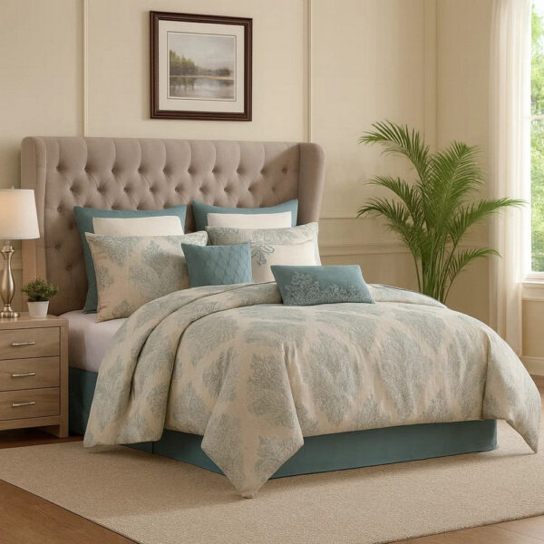 Regy 10pc Queen Size Comforter Set with Shams, Blue Gray Medallion