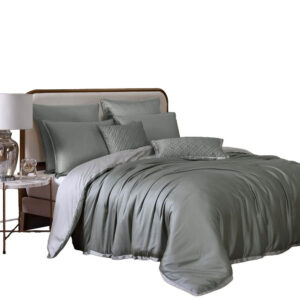 Keo 8pc Queen Comforter Set, Reversible, Shams, Sage Gray Silky Fabric