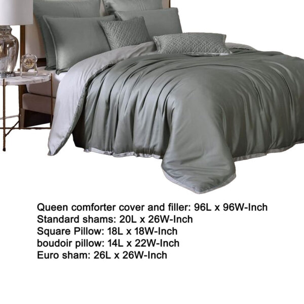 Keo 8pc Queen Comforter Set, Reversible, Shams, Sage Gray Silky Fabric