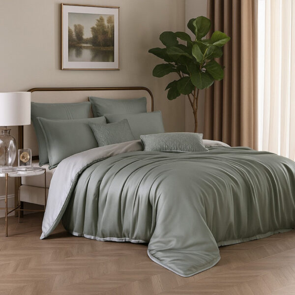 Keo 8pc Queen Comforter Set, Reversible, Shams, Sage Gray Silky Fabric