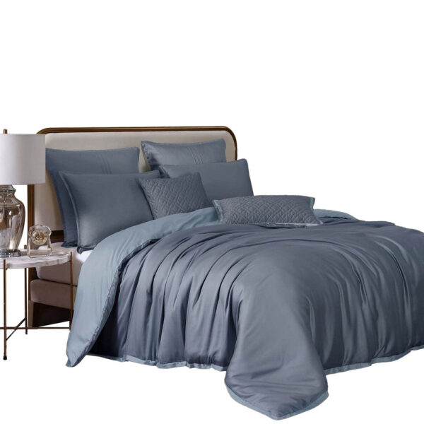 Keo 8pc Queen Comforter Set, Reversible, Shams Smoke Blue Silky Fabric