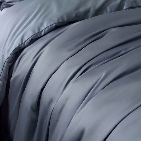 Keo 8pc Queen Comforter Set, Reversible, Shams Smoke Blue Silky Fabric