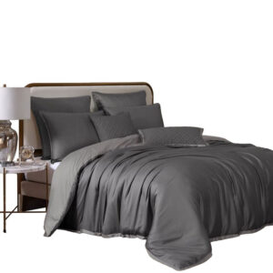 Keo 8pc Queen Comforter Set, Reversible, Shams, Dark Gray Silky Fabric