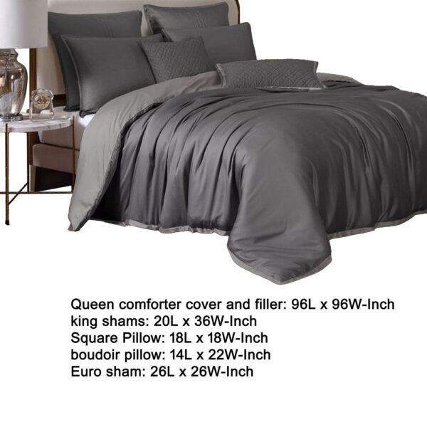 Keo 8pc Queen Comforter Set, Reversible, Shams, Dark Gray Silky Fabric