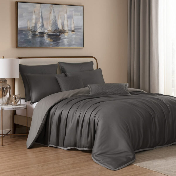 Keo 8pc Queen Comforter Set, Reversible, Shams, Dark Gray Silky Fabric