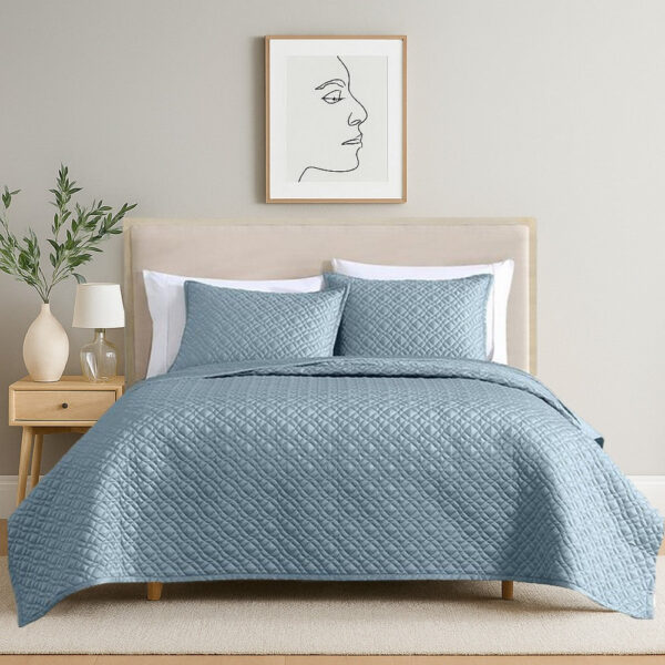 Keo 3pc King Coverlet Set, Reversible, Shams Sky Blue Silky Fabric