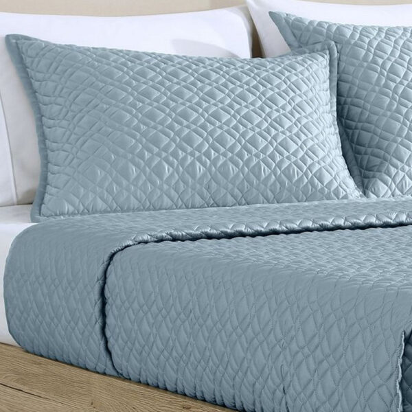 Keo 3pc Queen Coverlet Set, Reversible, Shams, Sky Blue Silky Fabric