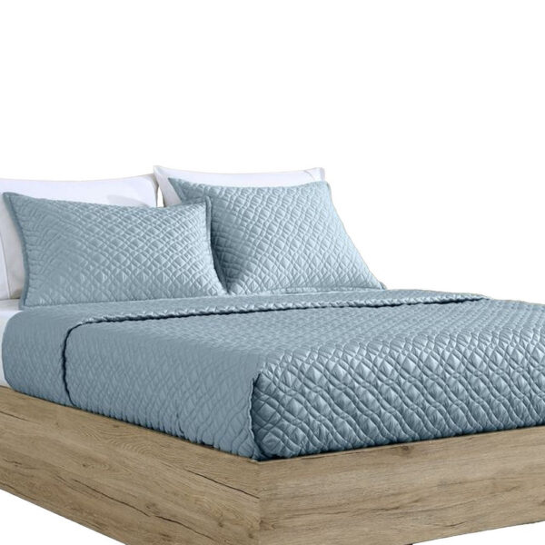 Keo 3pc Queen Coverlet Set, Reversible, Shams, Sky Blue Silky Fabric