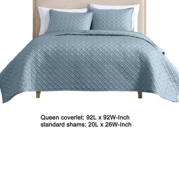 Keo 3pc Queen Coverlet Set, Reversible, Shams, Sky Blue Silky Fabric