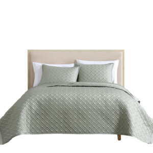 Keo 3pc King Coverlet Set, Reversible, Shams, Sage Gray Silky Fabric