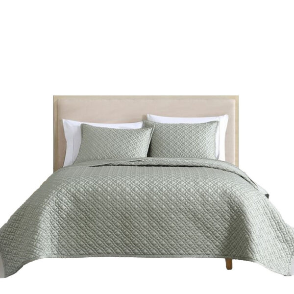 Keo 3pc King Coverlet Set, Reversible, Shams, Sage Gray Silky Fabric
