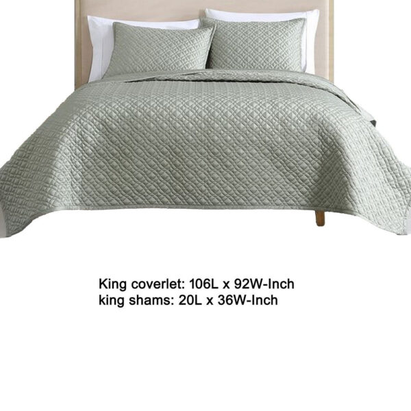 Keo 3pc King Coverlet Set, Reversible, Shams, Sage Gray Silky Fabric