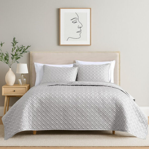 Keo 3pc Queen Coverlet Set, Reversible, Shams, Silver Silky Fabric