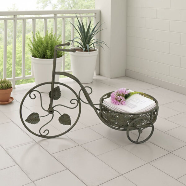 Covey Accent Plant Stand Tricycle, 2 Round Pots, Green Metal 21 Inch