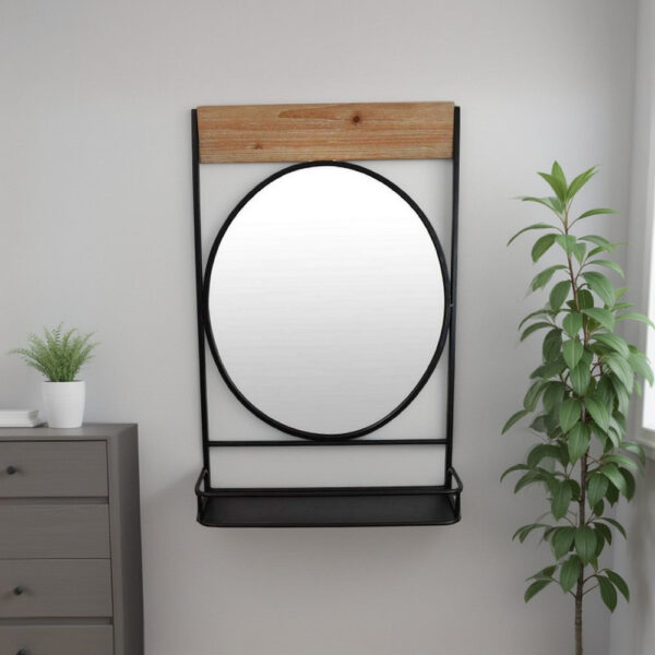 Feno Decorative Wall Mirror w Rack, 30 Inch Round Black Metal Frame