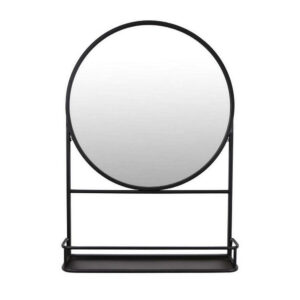 Feno Decorative Wall Mirror, 28 Inch Round Black Metal Frame w Rack
