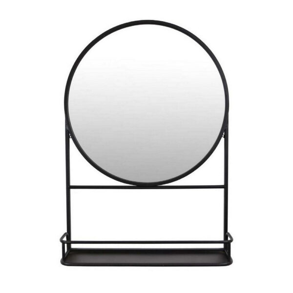 Feno Decorative Wall Mirror, 28 Inch Round Black Metal Frame w Rack