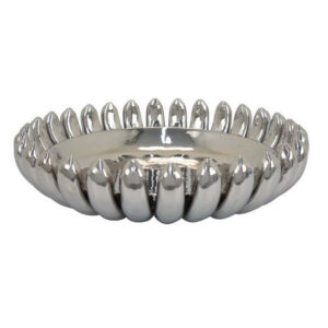 Zoma Accent Bowl, 16 Inch Raised Rounded Edges, Silver Ceramic Body