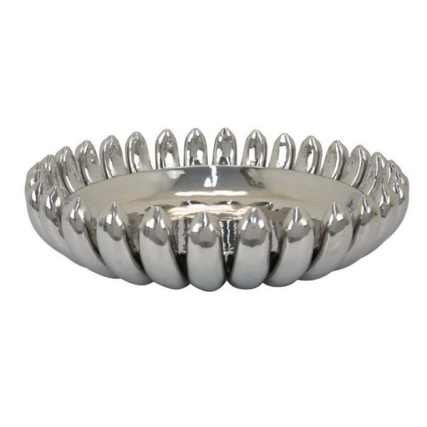 Zoma Accent Bowl, 16 Inch Raised Rounded Edges, Silver Ceramic Body